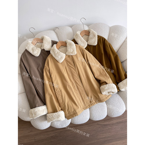 翻领毛绒外套仿濑兔毛工装派克服