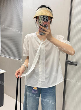夏季法式小资甜美蕾丝蝴蝶结系带白色娃娃衫泡泡袖衬衫棉质上衣女