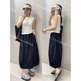 26春夏日系藏青色花苞裙抽绳松紧腰宽松遮胯显瘦工装半身裙长裙女