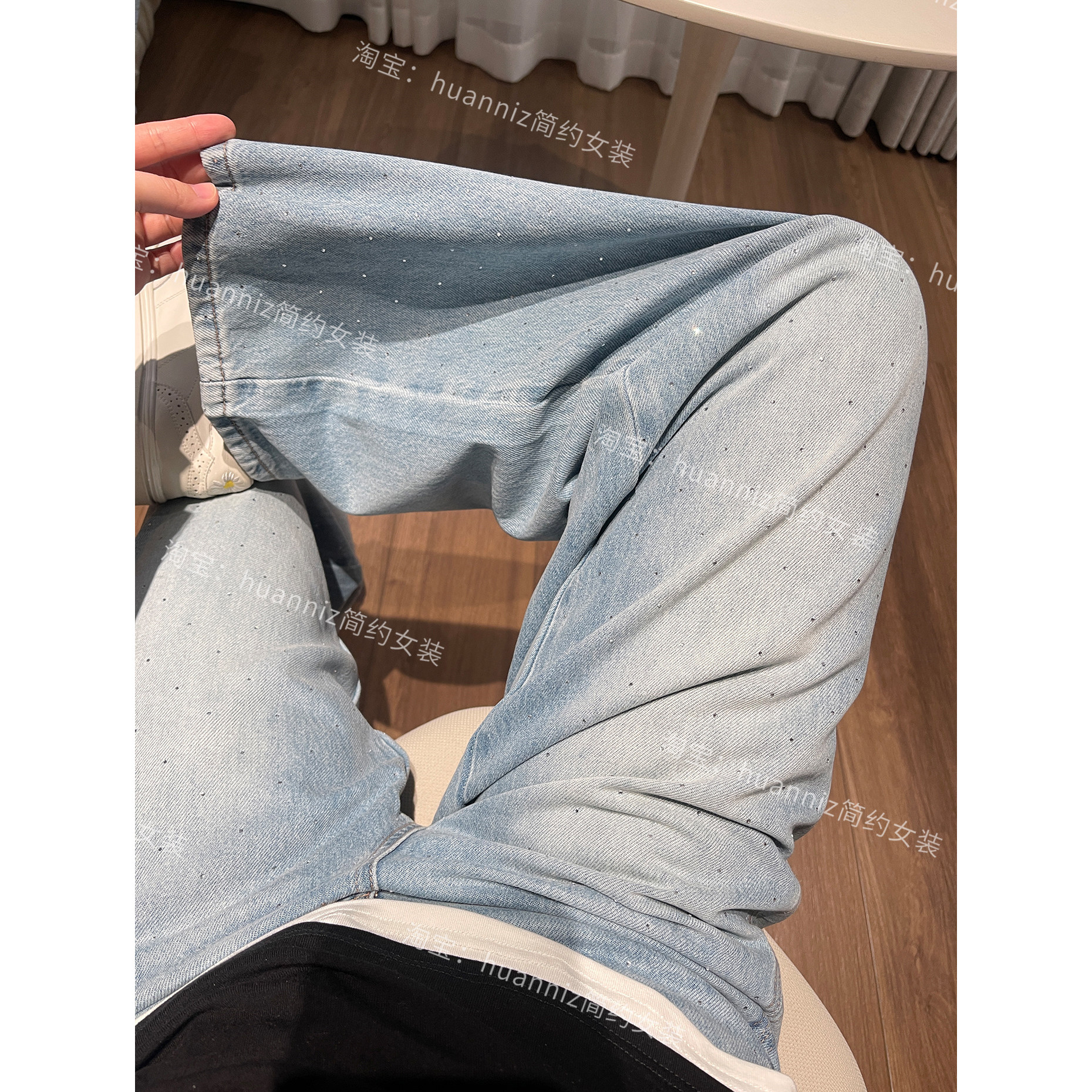 设计感闪亮烫钻亚麻牛仔裤女26春季新款高腰浅蓝色宽松直筒阔腿裤