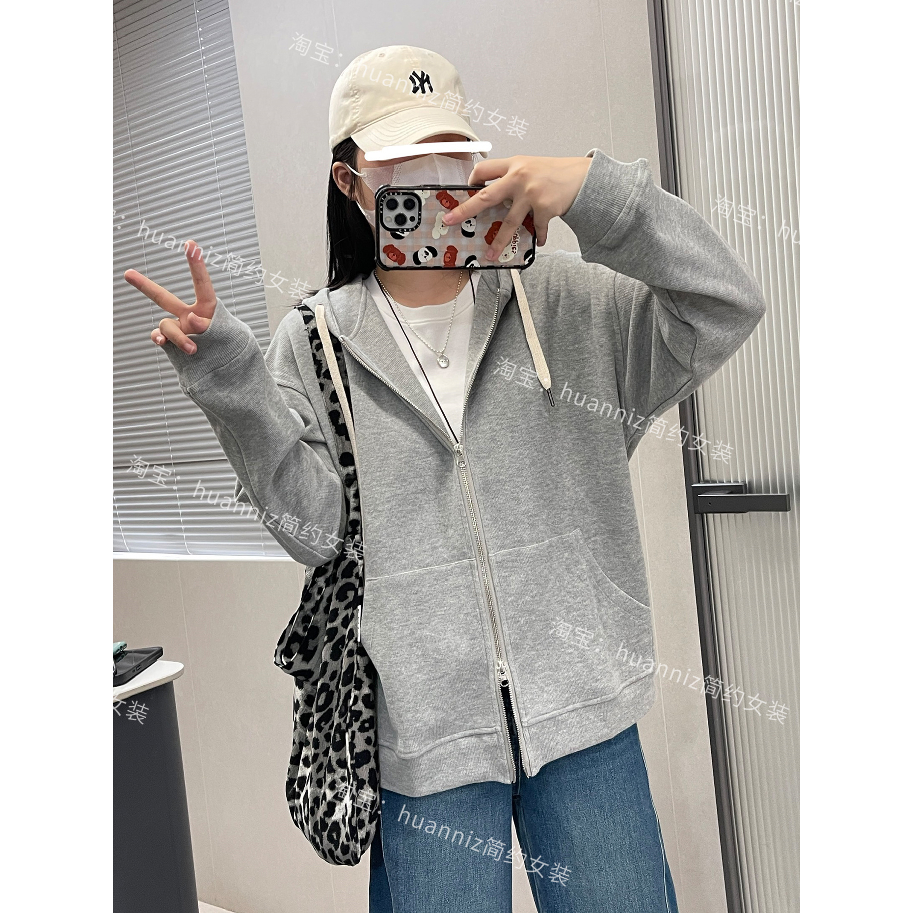 休闲风连帽双拉链灰色卫衣外套