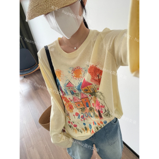 ins风个性手绘涂鸦印花T恤夏季莱塞尔凉感长袖防晒衫圆领宽松罩衫