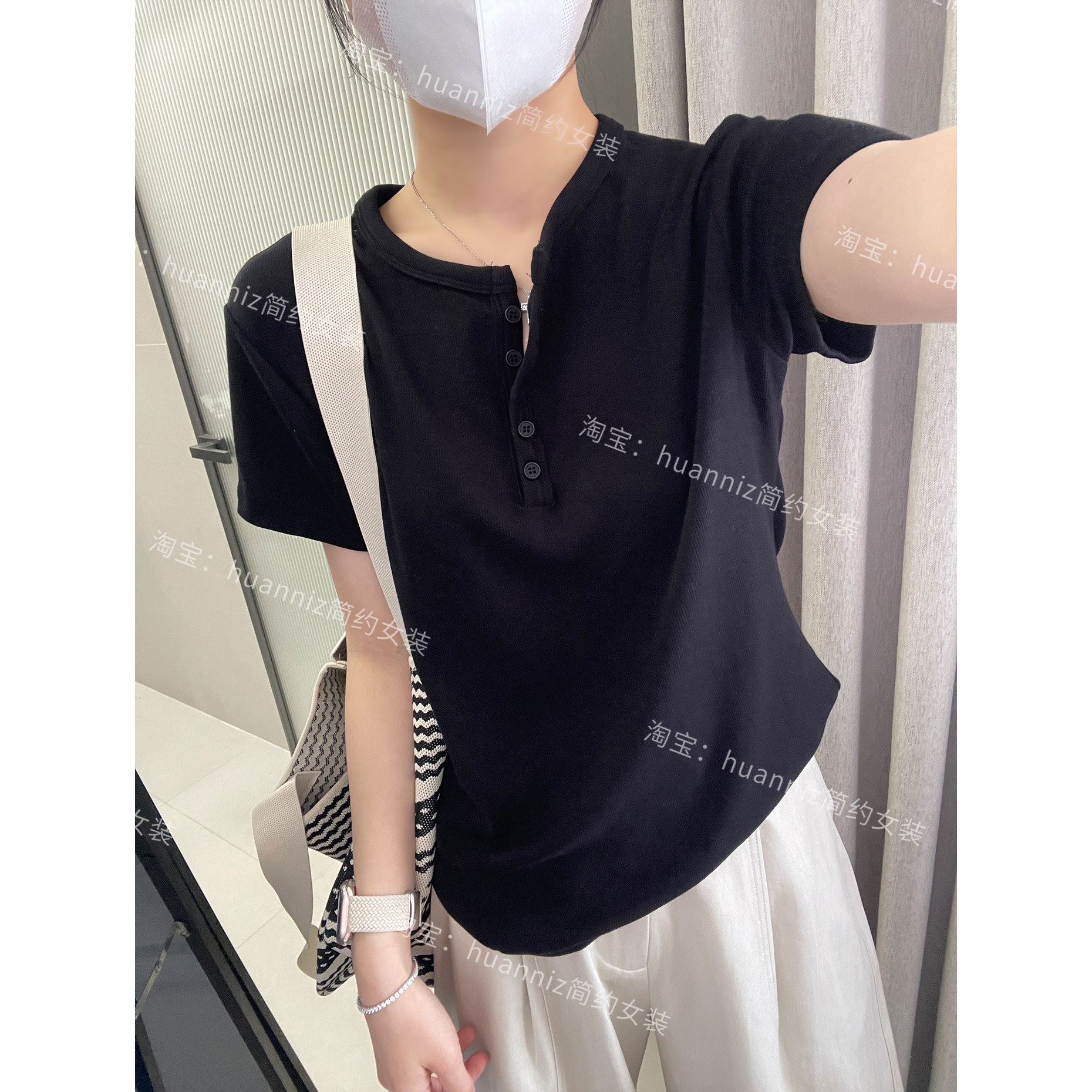 优可思螺纹棉大弹力亨利T夏季新款纽扣圆领显瘦短袖T恤百搭上衣女