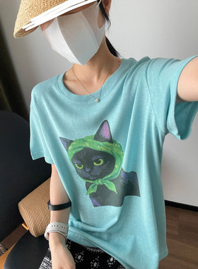 韩版宽松蓝色猫咪印花大版T恤女