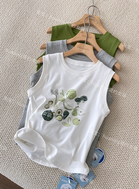 显瘦遮副乳宽肩带可外穿背心白色圆领短款无袖修身上衣韩系印花女