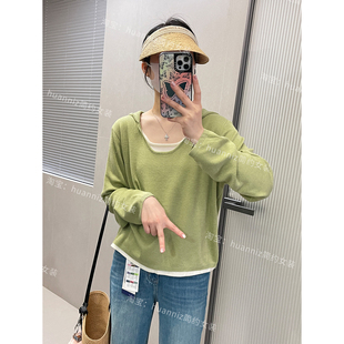 长袖 慵懒风假两件圆领针织衫 宽松显白绿色薄毛衣上衣女 新款 春季