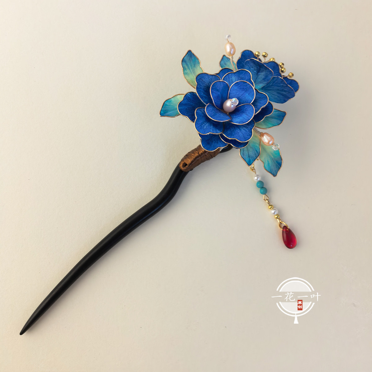 非遗手工掐丝绒花仿点翠黑檀木发簪发钗汉服发饰粉色红色蓝色发钗