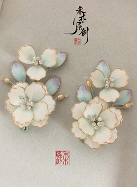 非遗绒花白山茶手工掐丝珍珠发夹