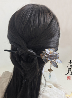 水墨牡丹掐丝檀木流苏发簪