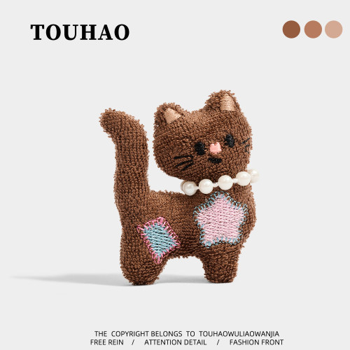 TOUHAO原创咖色小猫咪可爱布艺胸针配大衣毛衣别针固定扣百搭胸花