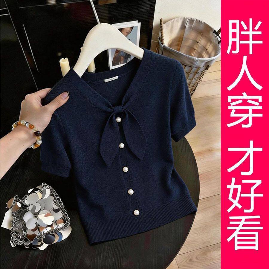 小香风蝴蝶结领大码针织衫女短袖单排扣藏蓝色遮肉显瘦休闲上衣