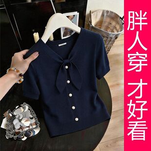 小香风蝴蝶结领大码针织衫女短袖单排扣藏蓝色遮肉显瘦休闲上衣