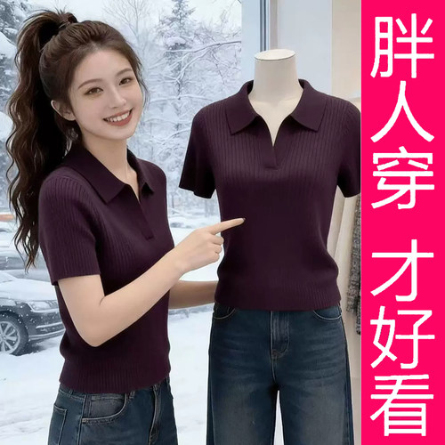 大码POLO领短袖显瘦针织衫女