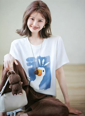 圆领宽松纯棉印花t恤短袖女夏季新款小众宽松休闲显瘦百搭上衣夏