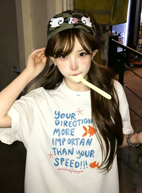 白色纯棉t恤印花短袖女夏季爆款美式甜酷辣妹宽松休闲正肩上衣ins