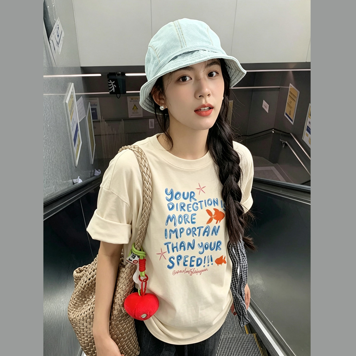 章若楠同款杏色纯棉t恤短袖女夏季韩系宽松休闲百搭印花棉质上衣