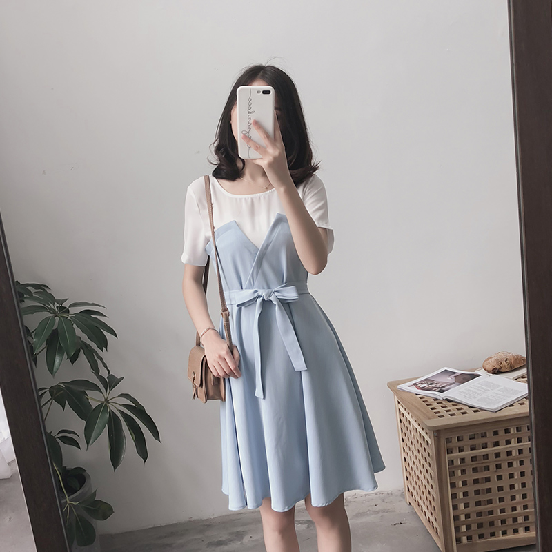 又見小夕小清新sukol裙子少女收腰拼接假兩件淡藍色連衣裙女夏季