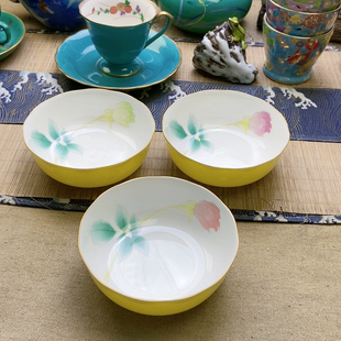 大漏!高品!香兰社黄釉三色玫瑰米饭碗 孤品 特价