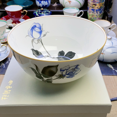 大漏！高品！香兰社水墨风蓝玫瑰 枯叶玫瑰大汤碗 原盒口径21.2