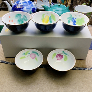 超级福利!稀有款!香兰社帝王蓝釉五种水果茶碗 带盒 微窑点