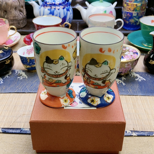 超级福利！超美高品！夕立窑手作手绘招财猫情侣对杯 原盒