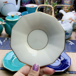 福利!稀有款!高品!香兰社白釉十角杯垫 孤品 微微牛毛痕