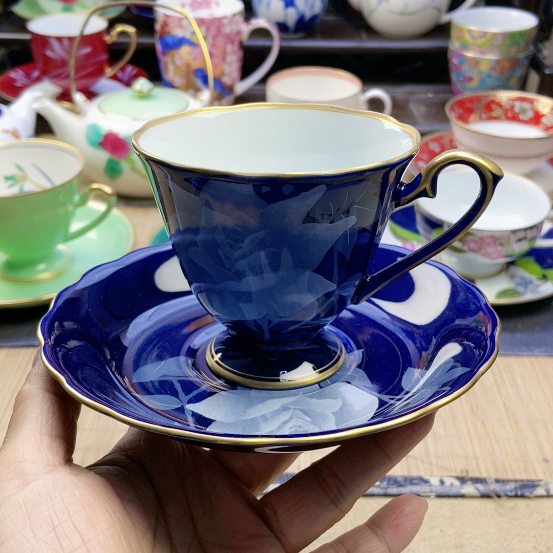 超稀有!高品!香兰社帝王蓝釉描金玫瑰咖啡杯