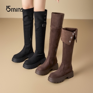 15mins厚底两穿翻折堆堆长筒靴女2025秋冬季 粗跟过膝骑士靴子 新款