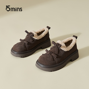 15mins厚底毛毛鞋女秋冬季2025年新款加绒加厚乐福鞋百搭小皮鞋子