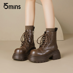 15mins厚底加绒短靴女款2026新款冬季英伦风保暖马丁靴增高小皮鞋