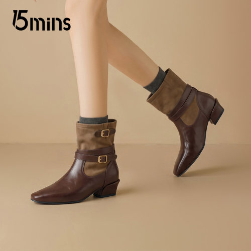 15mins复古风皮带扣短靴女