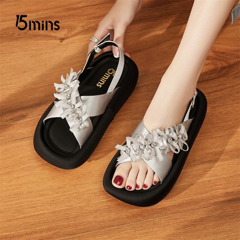 15mins银色厚底凉鞋女款2026新款夏季露趾百搭一字拖外穿运动凉鞋