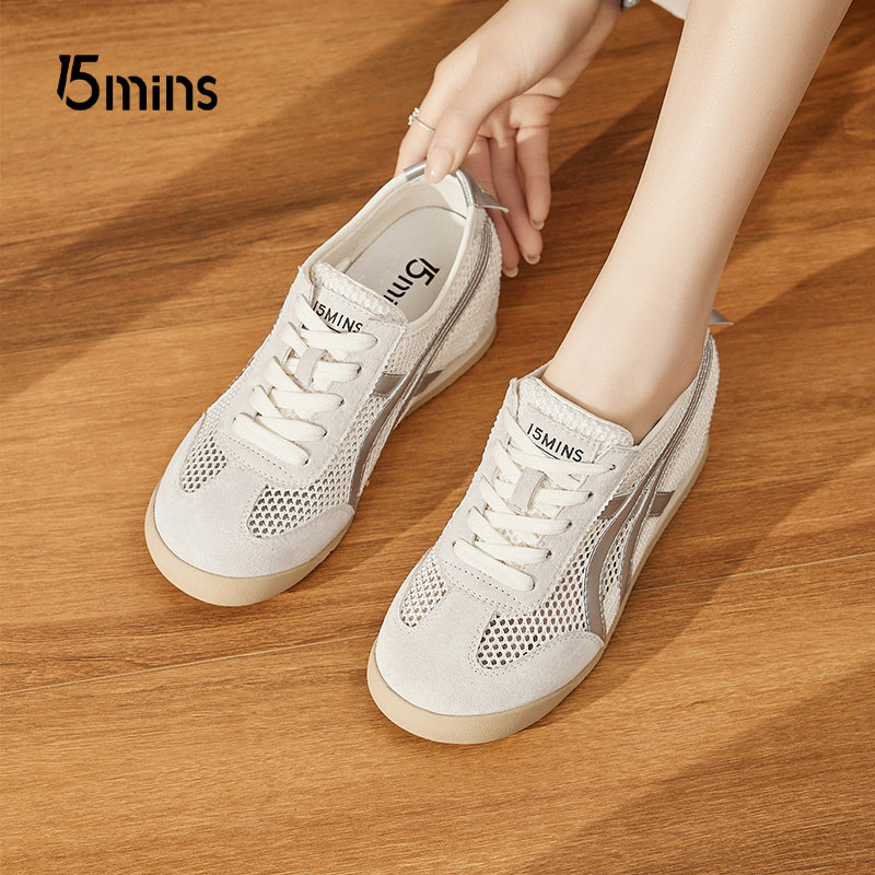 15mins网面内增高德训鞋女2026春季系带软底休闲鞋运动鞋轻便板鞋
