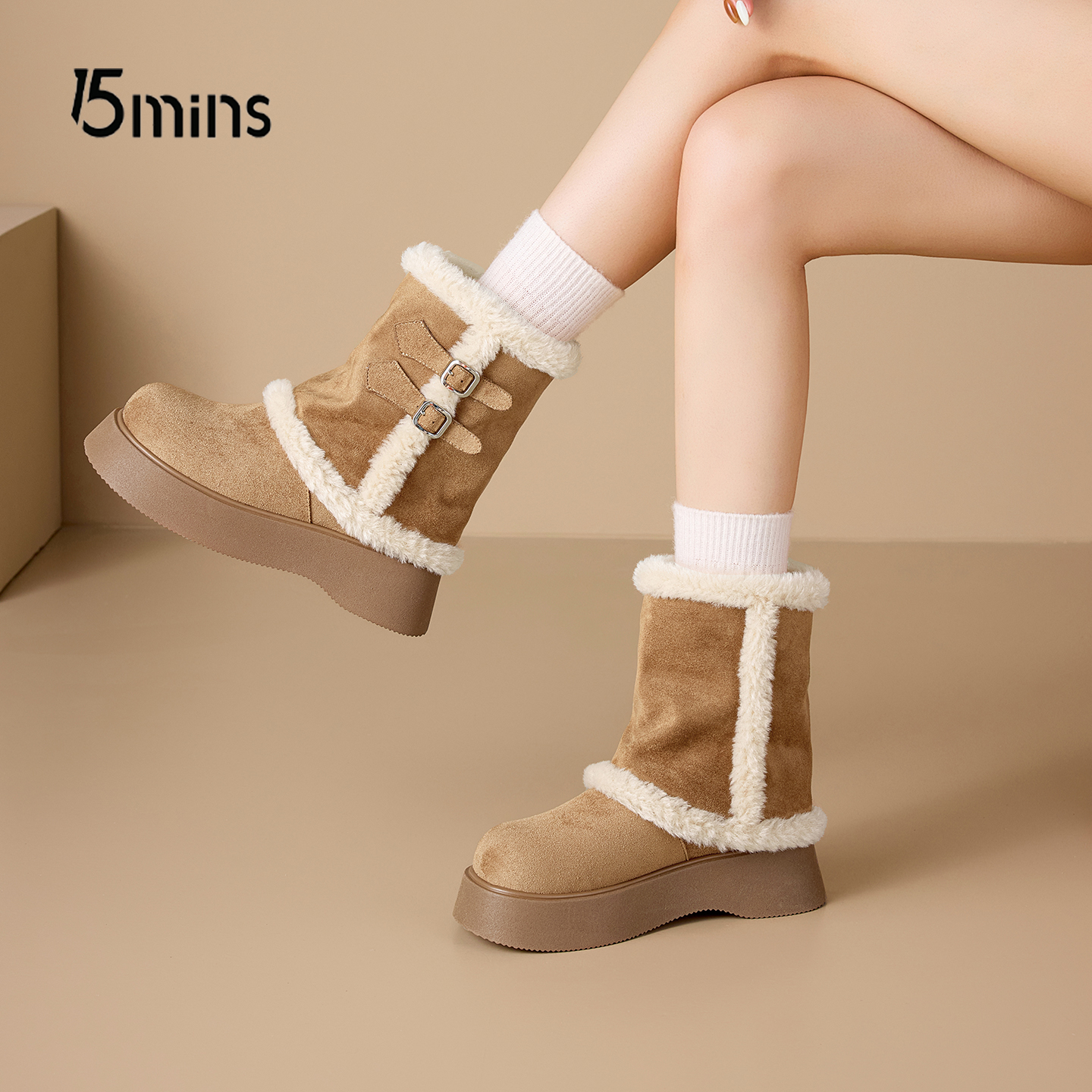 15mins厚底雪地靴女小个子毛毛鞋