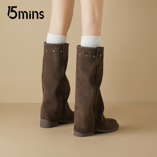 15mins美拉德复古长筒靴女裤管靴2025冬季新款加绒保暖两穿时装靴