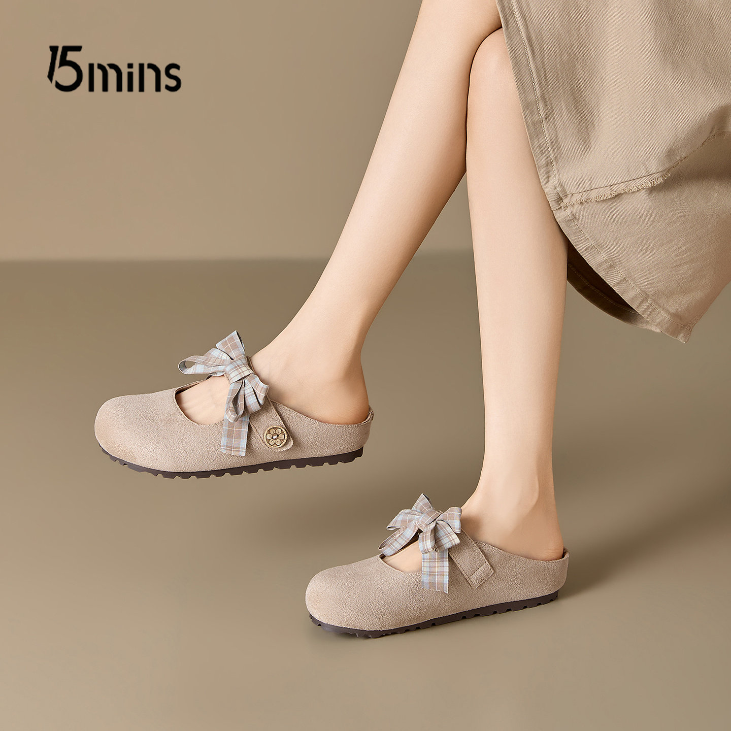 15mins蝴蝶结包头勃肯鞋女2026新款春季软底懒人半拖鞋内增高单鞋