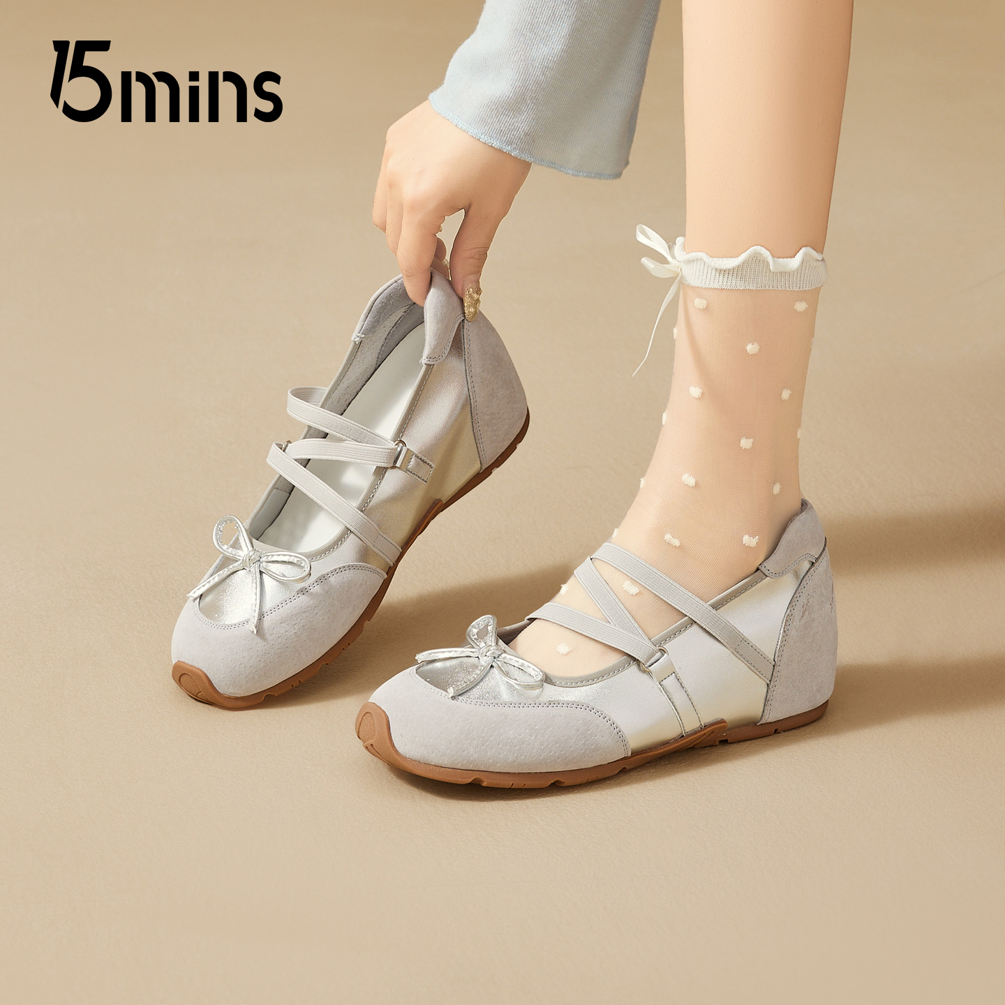 15mins芭蕾风内增高玛丽珍鞋女