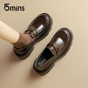 英伦风复古百搭棕色小皮鞋 新款 女2026春季 15mins山茶花厚底乐福鞋