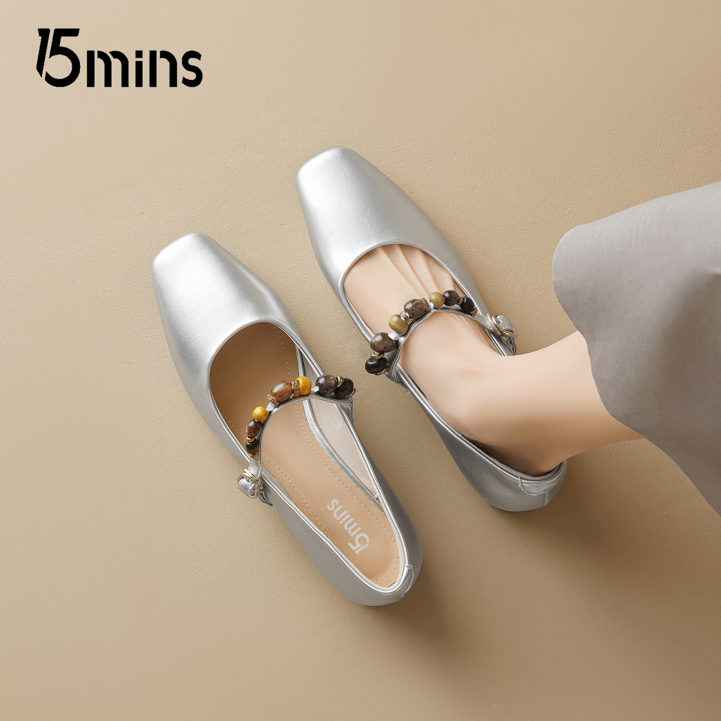 15mins银色玛丽珍鞋女2025春