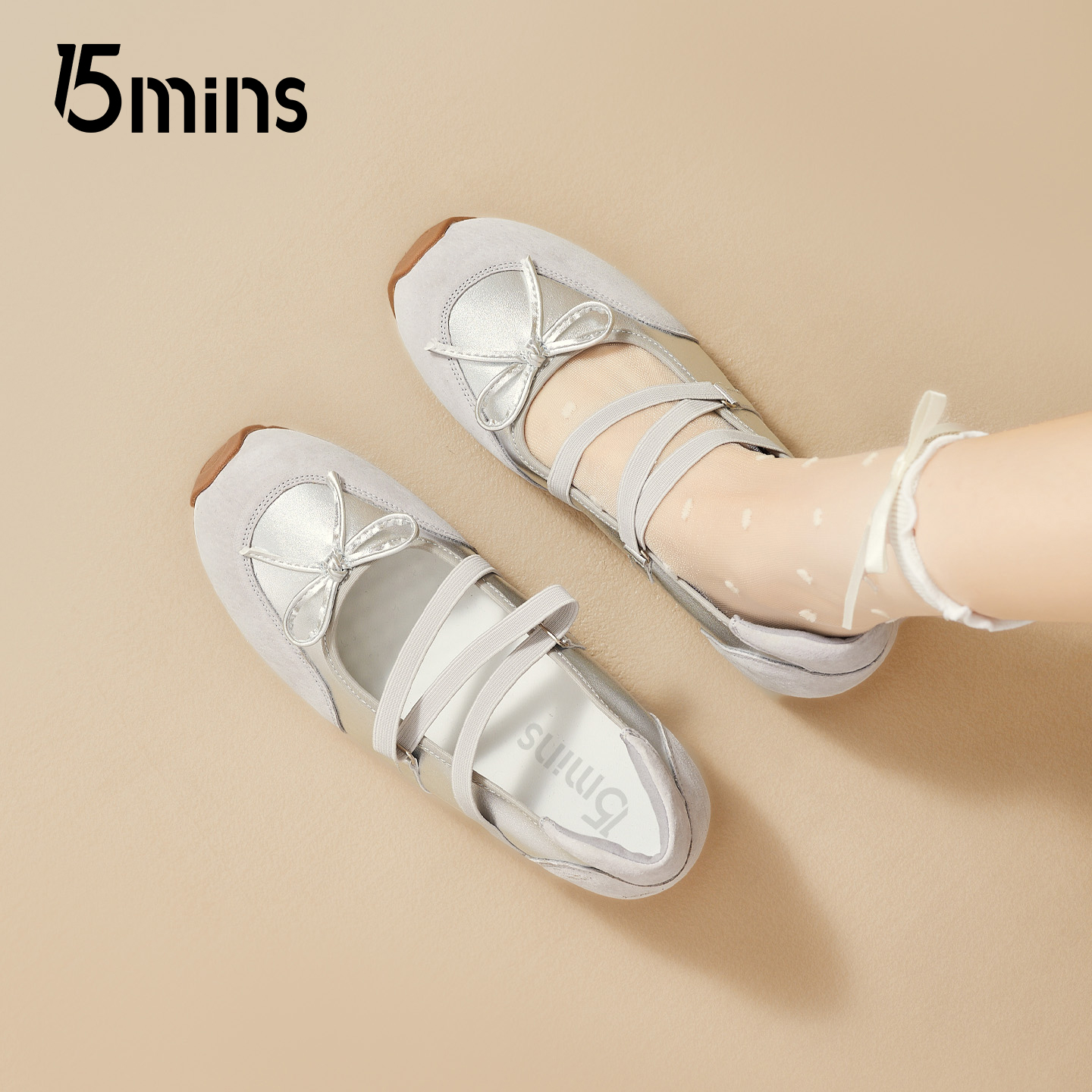 15mins银色内增高玛丽珍鞋女2026