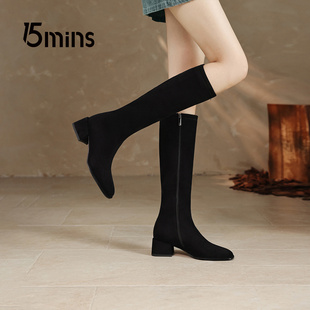 15mins圆头粗跟显瘦长筒靴2026正流行新款绝美巨好看瘦瘦靴高筒靴
