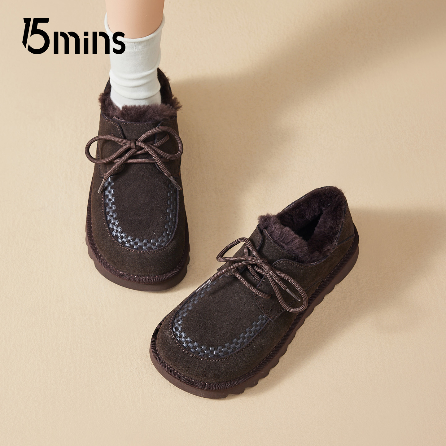 15mins厚底毛毛鞋女2025新款秋冬