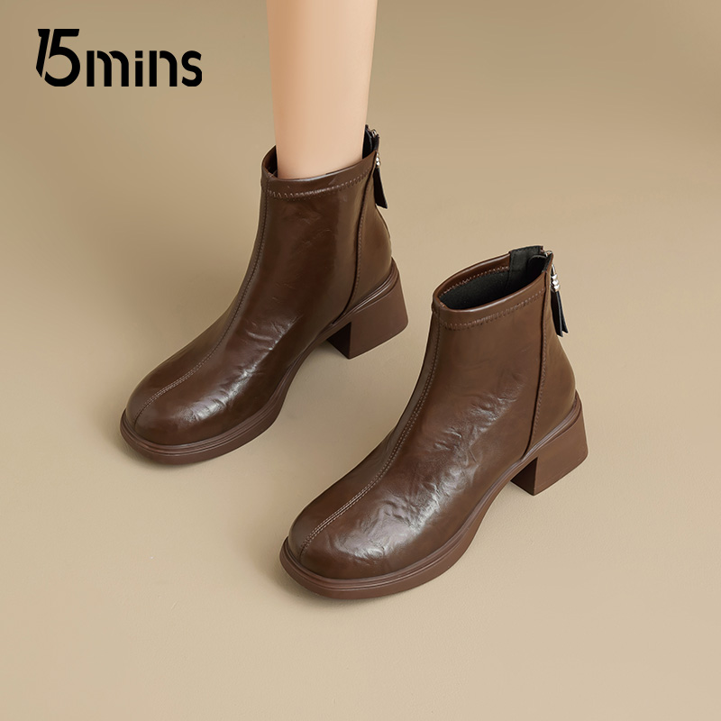 15mins粗跟切尔西短靴棕色马丁靴