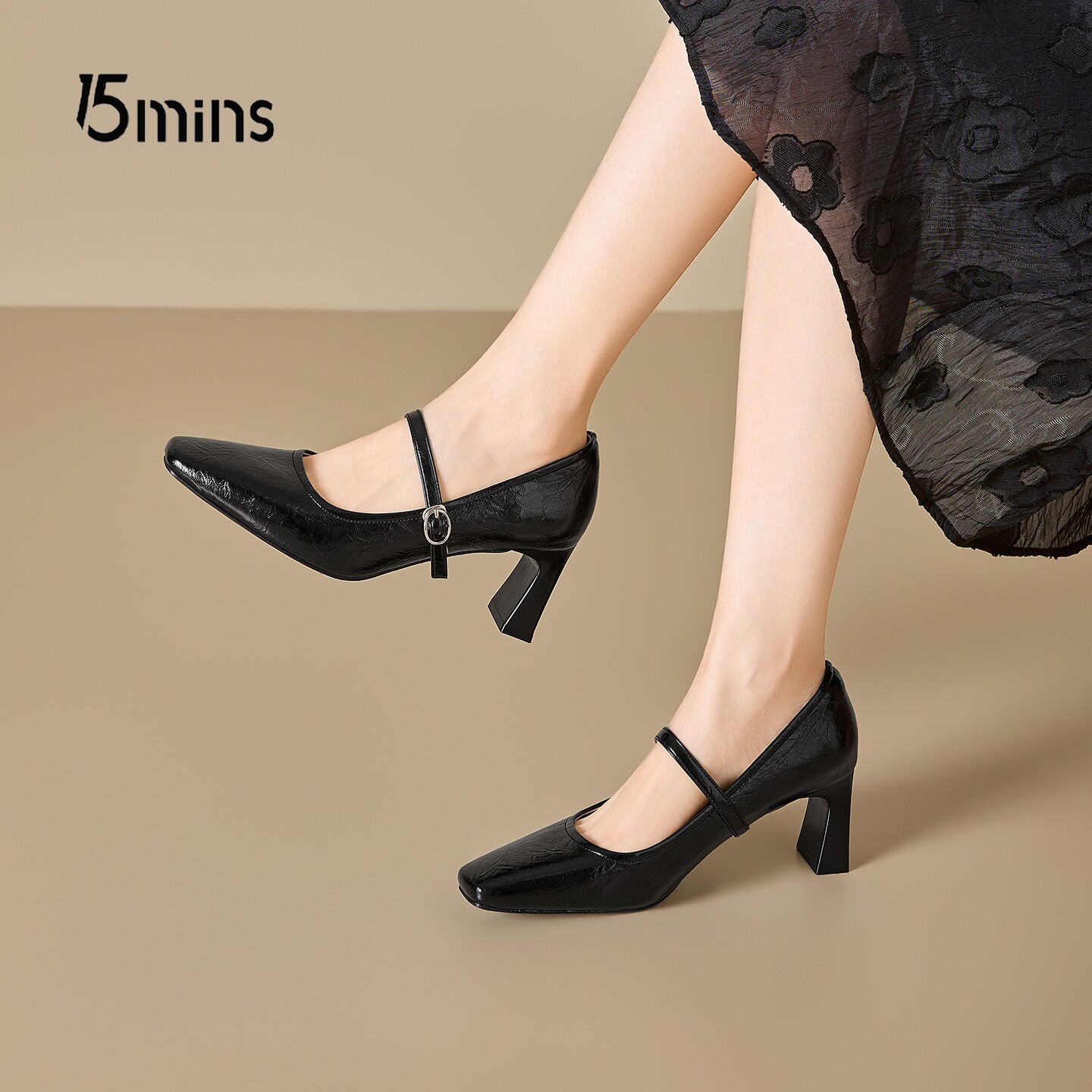 15mins黑色方头高跟鞋女2026夏季新款气质优雅风漂亮法式浅口单鞋