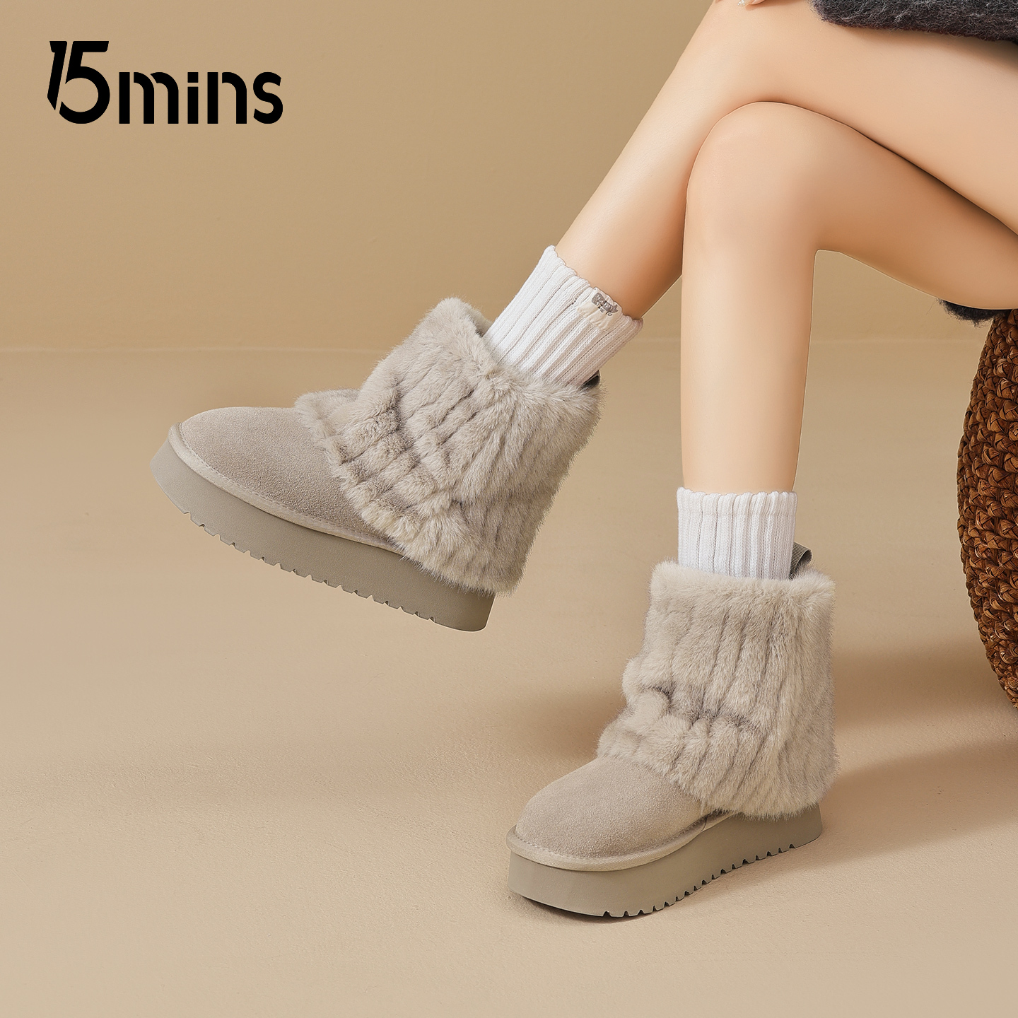 15mins毛毛雪地靴女2025冬新款