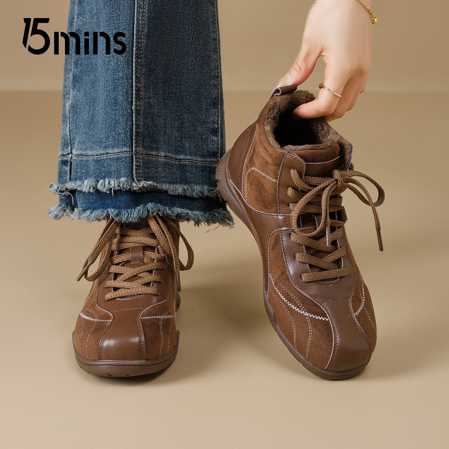 15mins时尚加绒德训鞋女2025冬季新款高帮休闲运动鞋保暖雪地短靴,女鞋,德训鞋,淘宝优惠券,粉丝福利购,淘宝优惠卷