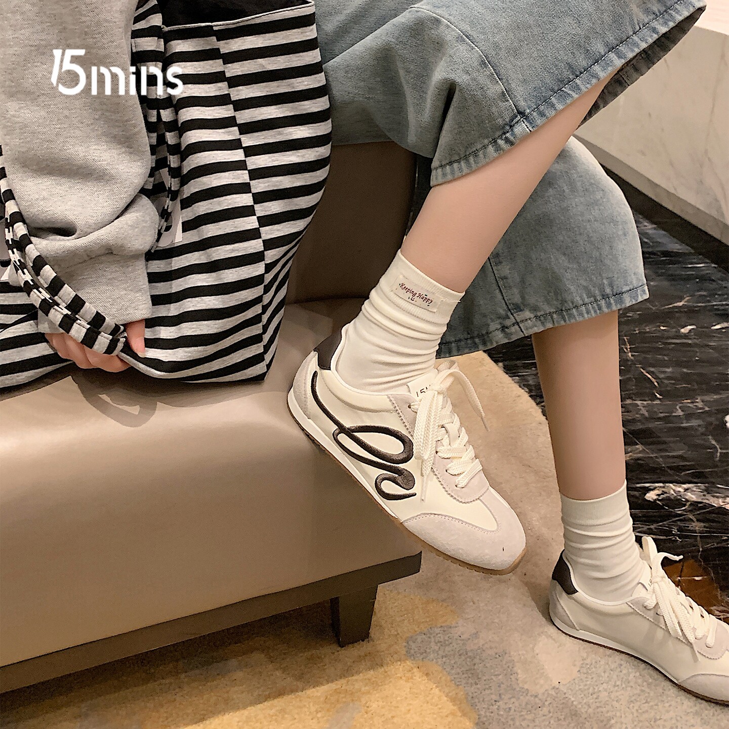15mins复古风软底德训鞋女2026夏季新款不累脚拼色经典休闲运动鞋