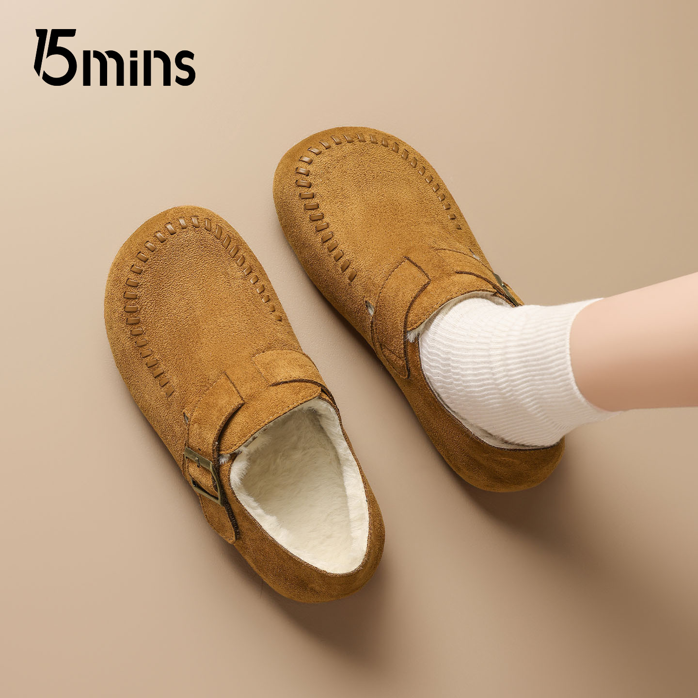 15mins平底加绒勃肯鞋女2025春季