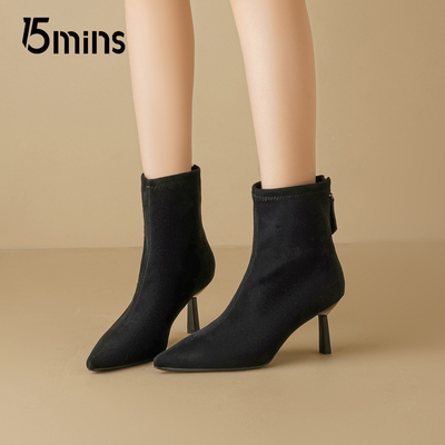 15mins黑色尖头细跟短靴女款2025