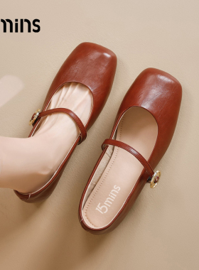 15mins红色玛丽珍女鞋2025夏季新款真皮法式复古方头绝美平底单鞋